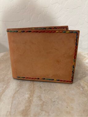Bespoke Handcrafted Tan Leather Bifold Wallet with Rainbow Stitching